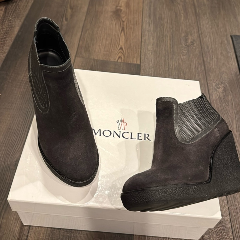 Moncler black suede wedge ankle booties. Size 36 (6). Includes box.
